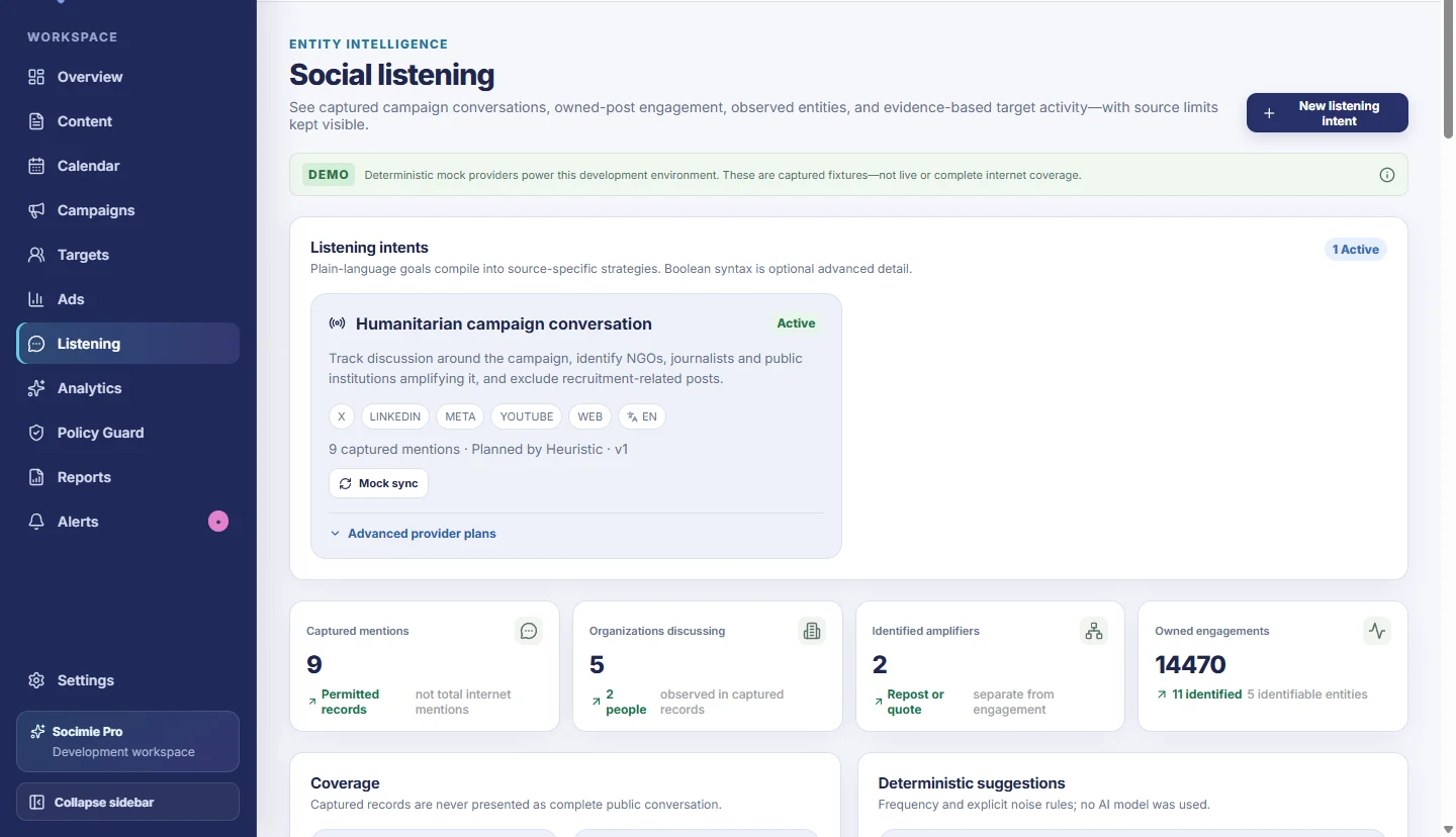 Real Socimie social listening screen showing a natural-language listening intent, source plans, captured mention counts and explicit coverage limits
